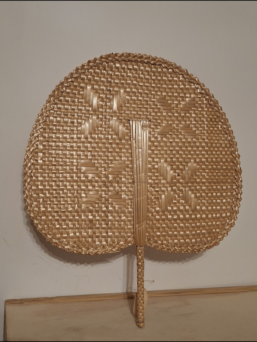 Vtg mid-century 13" Hand Woven Palm Leaf Fan - Made in Taiwan Boho Wall Decor